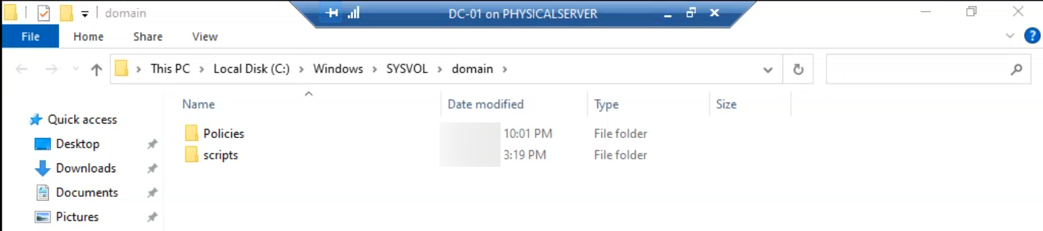 Final File Explorer view at the SYSVOL path with the AzureADPasswordProtection folder removed, leaving only the standard SYSVOL contents and confirming the controller is fully cleaned up