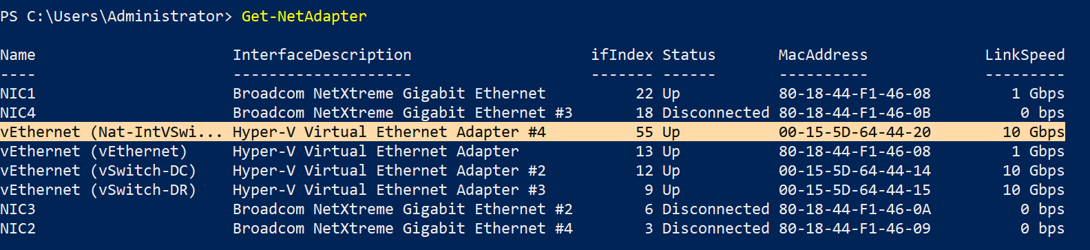 Elevated PowerShell window running Get-NetAdapter and showing the new vEthernet adapter automatically created by the internal switch, with its InterfaceAlias and ifIndex columns highlighted to identify the index needed for the next step