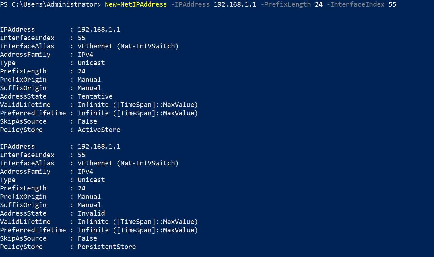 Elevated PowerShell window running New-NetIPAddress to assign the gateway address 192.168.1.1 with a /24 prefix to the vEthernet adapter via its InterfaceIndex, returning the new IP configuration object