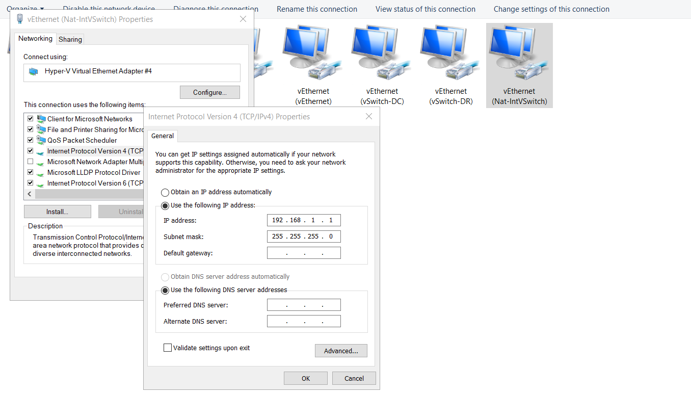 Network Connections control panel applet showing the new vEthernet adapter with its IPv4 address now set to 192.168.1.1 and the subnet mask 255.255.255.0, confirming the host loopback into the lab subnet is in place