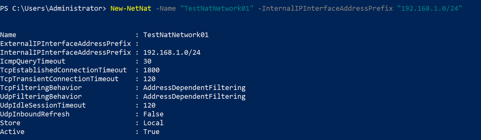 Elevated PowerShell window running New-NetNat with the name TestNatNetwork01 and the InternalIPInterfaceAddressPrefix 192.168.1.0/24, returning the NAT object with its translation rules registered on the host