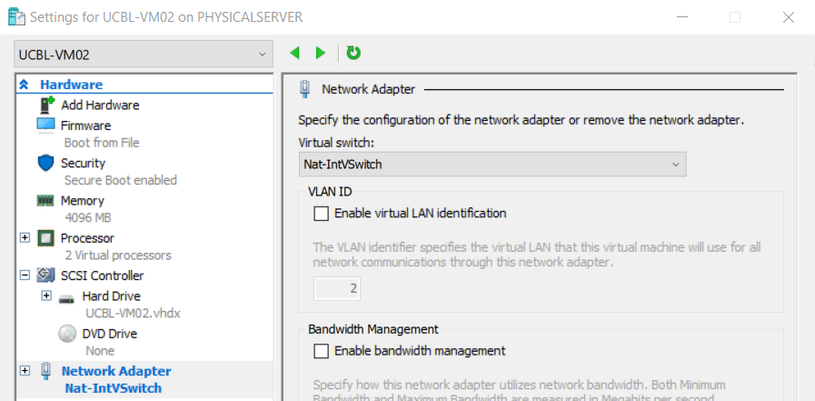 Hyper-V Manager Settings dialog for a guest VM showing the Network Adapter pane with the dropdown set to Nat-IntVSwitch and the Apply button highlighted, the GUI step that wires a guest into the internal switch
