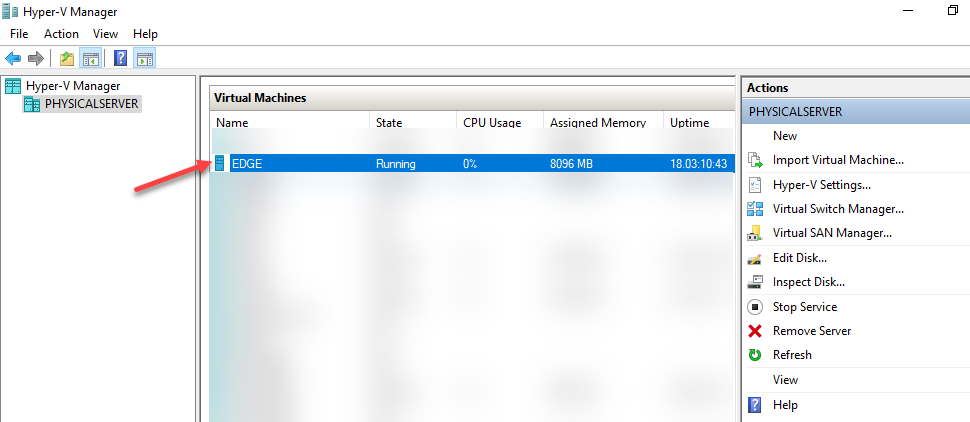 Hyper-V Manager main pane on the source host showing the EDGE virtual machine in a Running state with its current storage path visible in the lower details pane, the starting state before initiating the storage move
