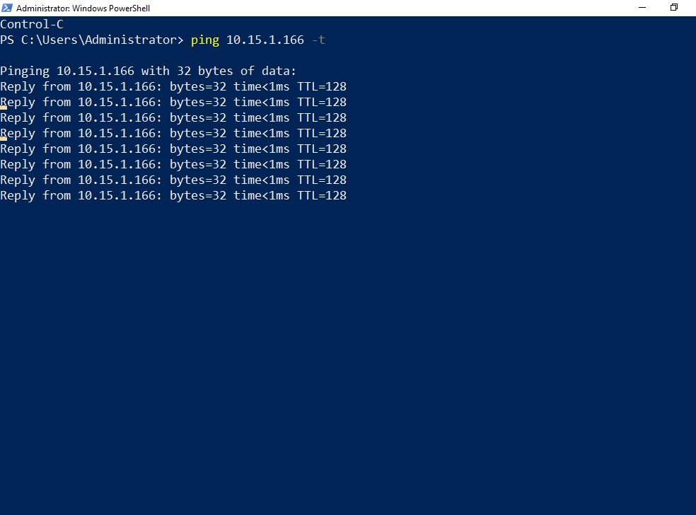 Elevated PowerShell window running the continuous ping command against the guest VM&rsquo;s IP, with the first dozen replies showing low latency and the time markers in the output proving the session is monitoring the guest in real time
