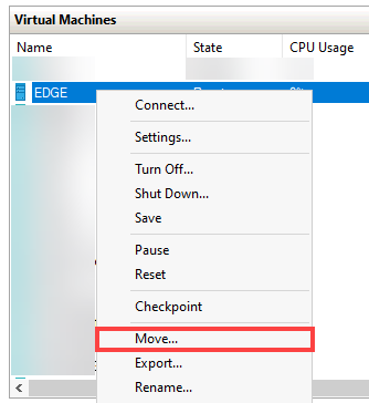 Hyper-V Manager right-click context menu on the EDGE VM with the Move action highlighted, the entry point into the wizard that drives the rest of the migration