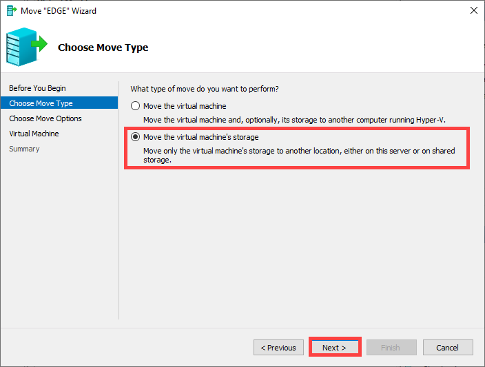 Move wizard Choose Move Type page showing two radio options: Move the VM to another computer (Shared Nothing Live Migration) and Move the VM&rsquo;s storage to a new location, with the second option selected for this same-host scenario