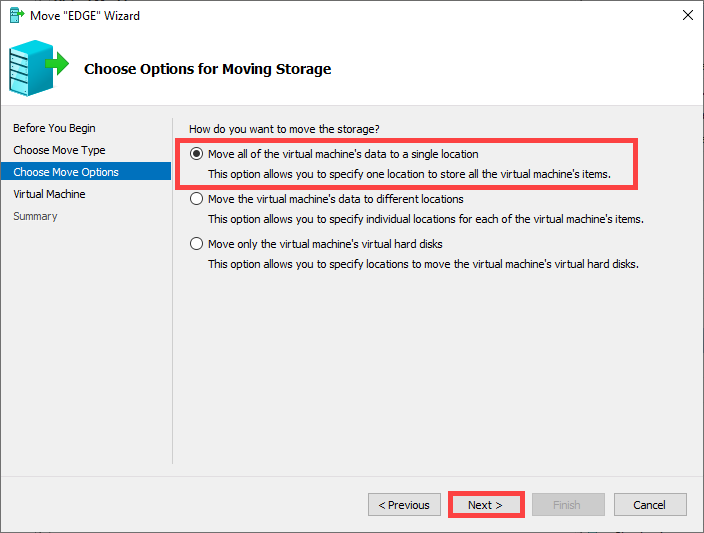 Move wizard Choose Options for Moving Storage page showing three radio options: Move all VM&rsquo;s data to a single location, Move VM&rsquo;s data to different locations, and Move only the VM&rsquo;s virtual hard disks, with the first option selected for the simplest move