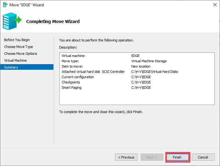 Move wizard Summary page showing the source path, the destination path, and the move-mode selection in a confirmation list with the Finish button highlighted, the last click before the bytes start moving