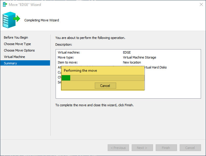 Hyper-V Manager Status column on the EDGE VM row showing a percentage progress indicator (early stage, around 12%) as the background copy of the VHDX runs from source disk to destination disk