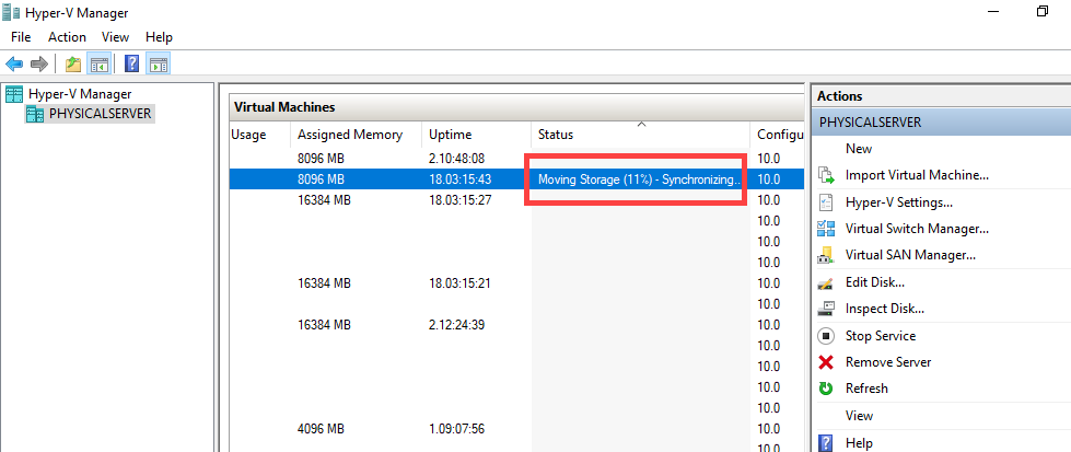 Hyper-V Manager Status column on the EDGE VM row showing the percentage further along (around 78%) confirming the migration is making progress with the VM still in a Running state