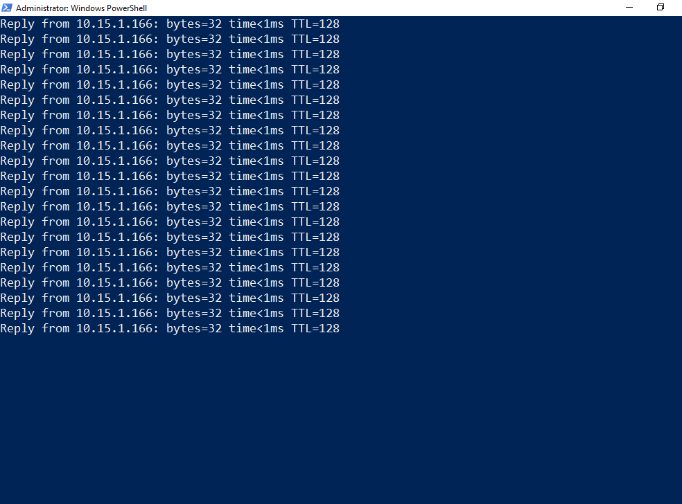 PowerShell ping window during the migration showing an unbroken stream of successful Reply lines with no Request timed out entries, the live evidence that the move is happening with zero downtime to the guest