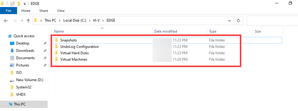 Hyper-V Manager Settings dialog for the EDGE VM after the move completes, with the Hard Drive page showing the .vhdx now at the new destination path and the Smart Paging Folder page showing the new directory, confirming the move landed cleanly