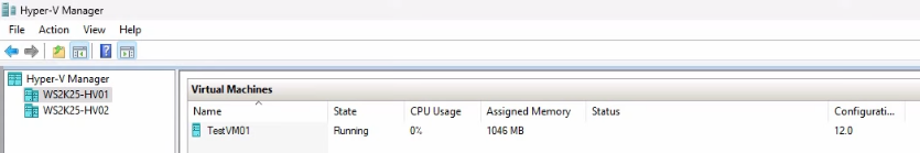 Hyper-V Manager open on the source host WS2K25-HV01 showing the running test VM01 in the VMs pane and the host name visible in the left navigation tree, the starting point for opening Hyper-V Settings