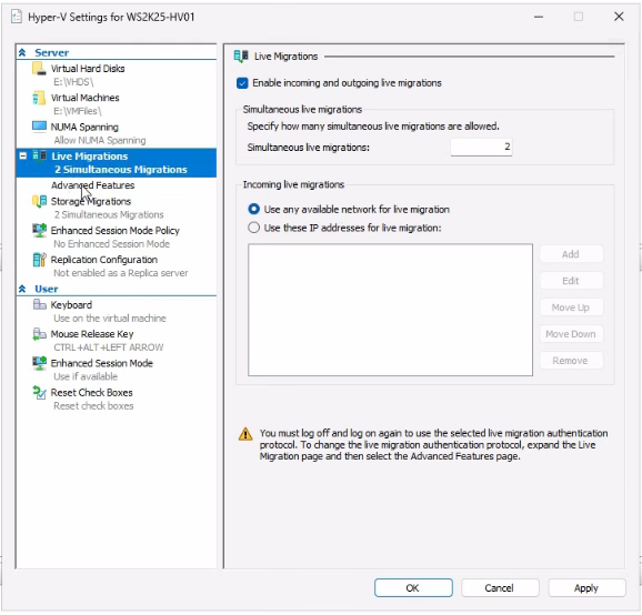Hyper-V Settings dialog Live Migrations page on WS2K25-HV01 with the Enable incoming and outgoing live migrations checkbox ticked and the Use any available network for live migration radio option selected, the headline configuration that turns the feature on