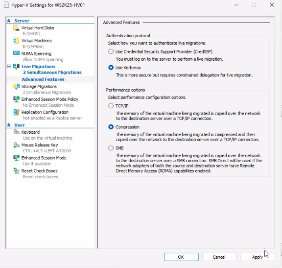 Hyper-V Settings dialog Advanced Features sub-page under Live Migrations showing the authentication protocol switched from CredSSP to Kerberos and the performance options panel with Compression selected as the data-transfer mode