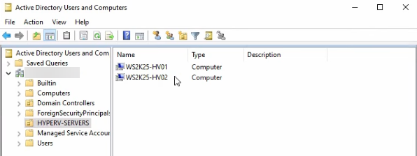 Active Directory Users and Computers MMC connected to the domain controller showing the Computers container expanded with both WS2K25-HV01 and WS2K25-HV02 visible, the location where constrained-delegation gets configured per-host