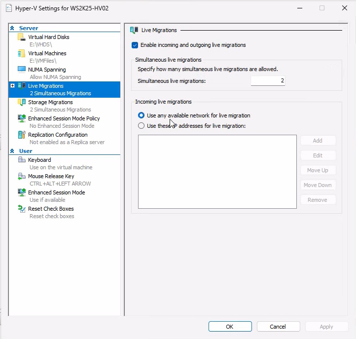 Hyper-V Manager Connect to Server dialog used to connect to WS2K25-HV02 from the source host, allowing both hosts to be managed from a single console for the verification step before starting the migration