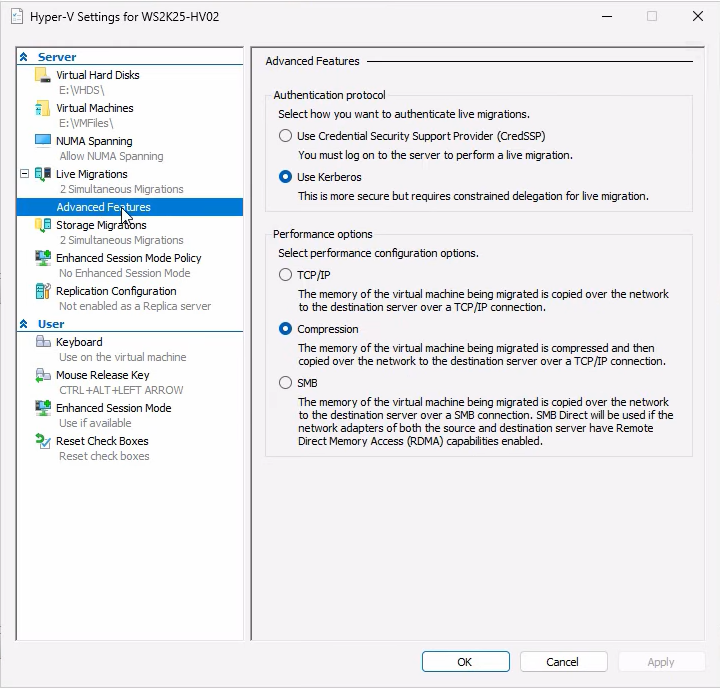 Hyper-V Settings dialog on WS2K25-HV02 showing the same Live Migrations enabled, Kerberos protocol selected, and Compression performance option configured, the cross-check confirming both hosts have identical settings