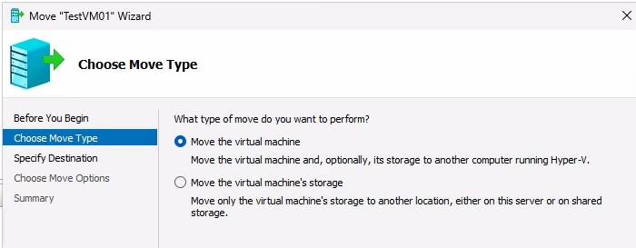 Move VM wizard Choose Move Type page on WS2K25-HV01 with Move the virtual machine selected (the cross-host option that triggers Shared Nothing Live Migration) rather than the storage-only second option, with Next button highlighted