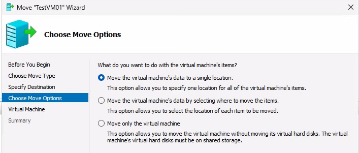 Move VM wizard Choose Move Options page showing three radio buttons for the storage layout: Move VM data to a single location, Move VM data by selecting locations for each item, and Move only the virtual machine without storage, with the first option selected for the simplest move