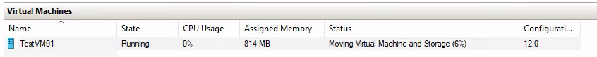 Hyper-V Manager Status column on the source VM row showing Moving virtual machine and storage with a percentage progress indicator, the live evidence that the iterative memory sync and storage copy are in progress