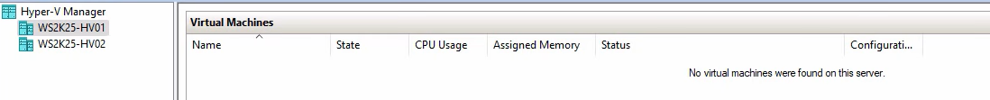Hyper-V Manager on WS2K25-HV01 after the migration completes with the test VM01 row gone from the source pane and the same VM now visible and running on WS2K25-HV02, the visual confirmation that the move landed and the source no longer hosts the guest