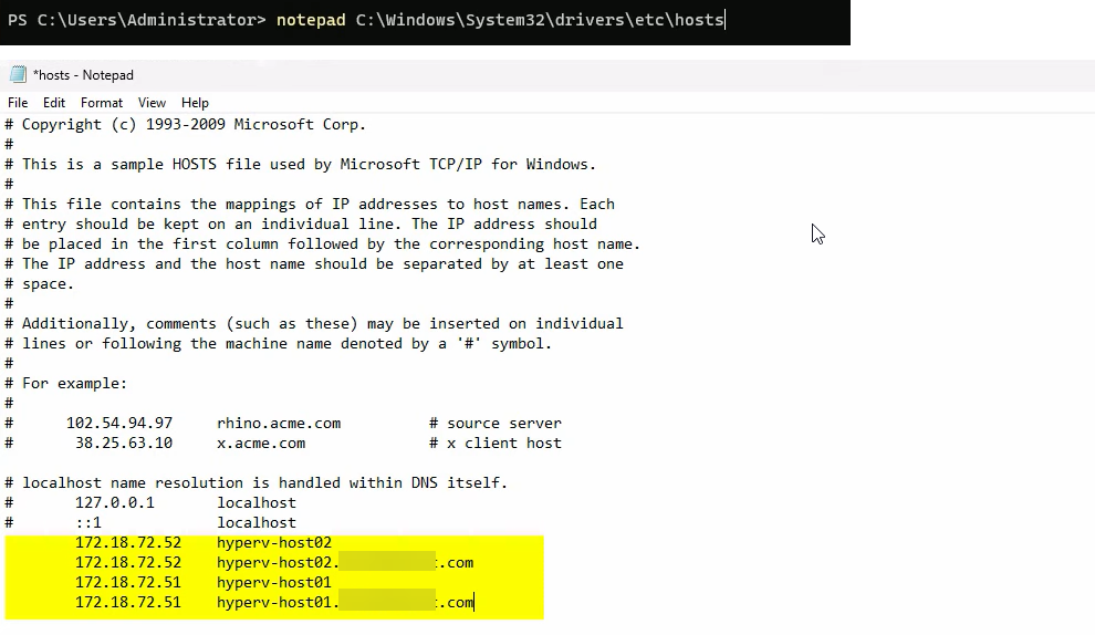 Notepad open at C:\Windows\System32\drivers\etc\hosts on the primary host showing two static lines mapping IP addresses to the FQDNs HyperVHost01.lab.com and HyperVHost02.lab.com so the workgroup hosts can resolve each other without DNS