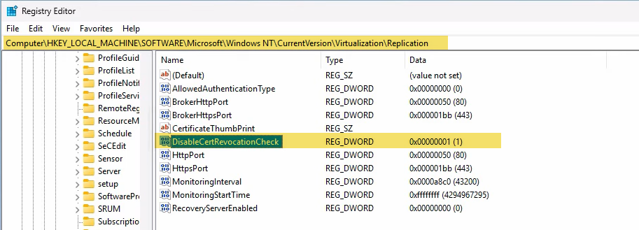 Registry Editor open at HKLM\SOFTWARE\Microsoft\Windows NT\CurrentVersion\Virtualization\Replication with a DWORD value named DisableCertRevocationCheck set to 1, the registry change that lets Hyper-V Replica accept self-signed certs that cannot be revocation-checked