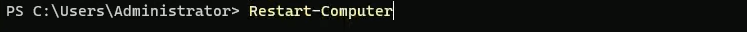 Restart-Computer being invoked from PowerShell after the registry change, the mandatory reboot that lets the new DisableCertRevocationCheck value take effect across the host