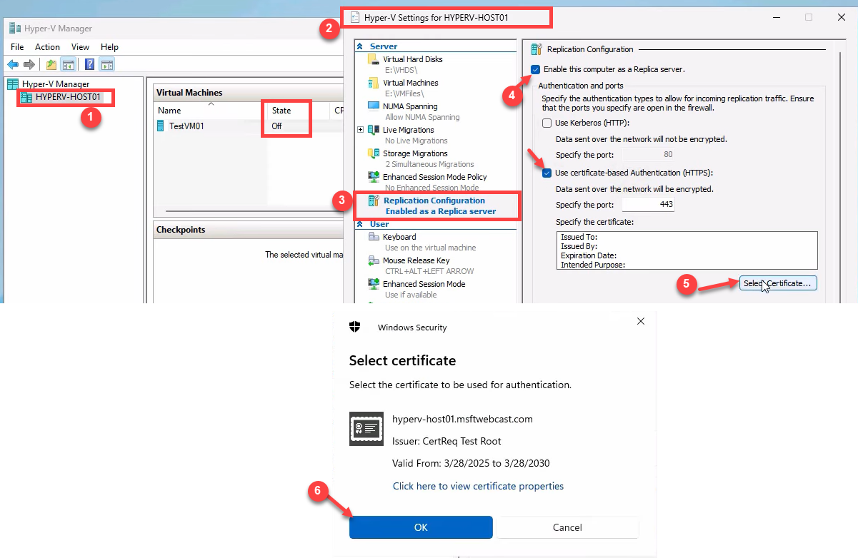 Hyper-V Settings dialog Replication Configuration page on the replica host with Enable this computer as a Replica server checked, Use certificate-based Authentication (HTTPS) selected, and the self-signed certificate showing in the Select Certificate field