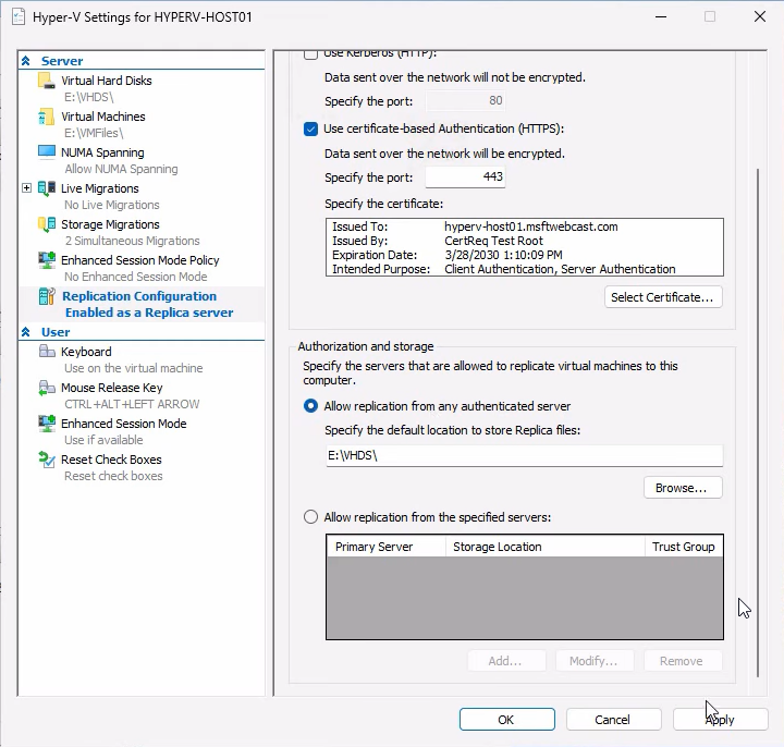 Same Replication Configuration page lower portion showing the Authorization and storage panel with Allow replication from any authenticated server selected and a custom storage path D:\Replicas typed into the field that will hold the replica VHDX files