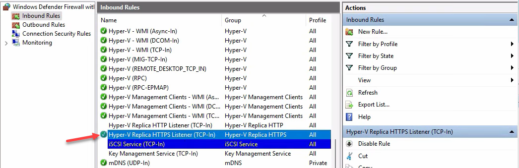 Windows Defender Firewall with Advanced Security console (wf.msc) Inbound Rules pane with the Hyper-V Replica HTTPS Listener (TCP-In) rule highlighted and enabled, the firewall rule that opens TCP 443 specifically for the Replica listener