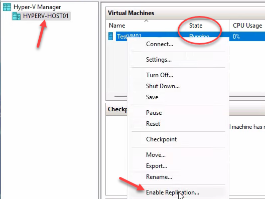 Hyper-V Manager right-click context menu on TestVM01 with the Enable Replication action highlighted, the entry point into the Enable Replication wizard that pairs this VM with the replica host