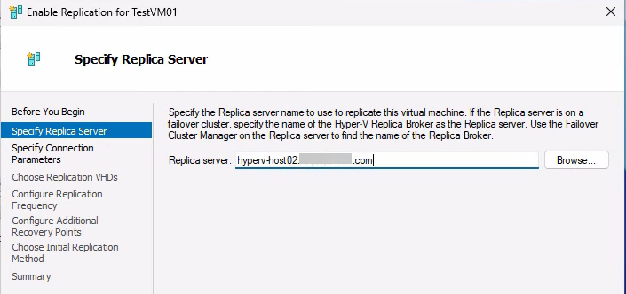 Enable Replication wizard Specify Replica Server page with HyperVHost02.lab.com typed into the Replica Server field and the Browse and Test buttons visible, ready to advance once the FQDN is validated