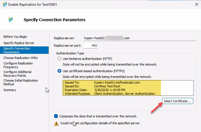 Enable Replication wizard Specify Connection Parameters page with Use certificate-based Authentication (HTTPS) selected, port 443 displayed, and the chosen certificate listed in the certificate selection box