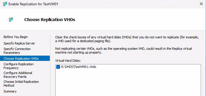 Enable Replication wizard Choose Replication VHDs page showing all VHD files attached to the VM with checkboxes ticked, indicating every disk will be replicated to the destination