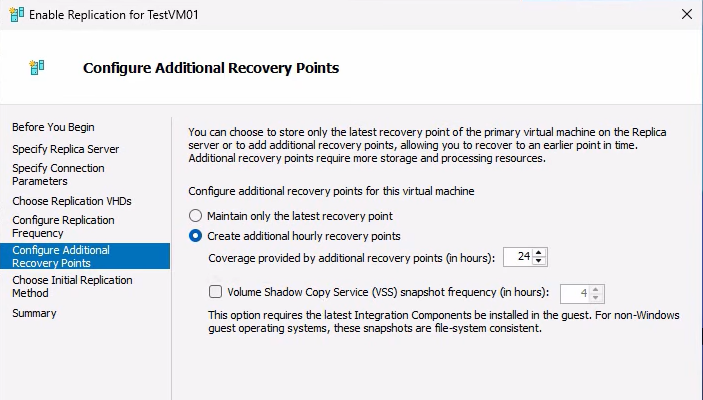 Enable Replication wizard Configure Replication Frequency and Recovery Points page with the frequency dropdown set to 5 minutes and the additional-recovery-points slider set to retain a number of historical points alongside the latest