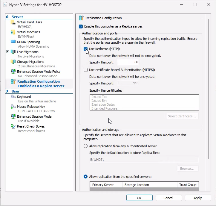 Hyper-V Settings dialog Replication Configuration page on the replica host HVHost02 with Enable this computer as a Replica server checked, Use Kerberos (HTTP) selected for authentication, and the protocol settings ready to save