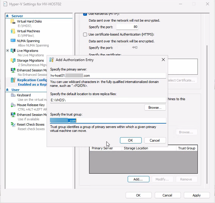 Same Replication Configuration page lower section showing Allow replication from the specified servers selected and the Add Authorization Entry dialog open with the primary host FQDN entered and the storage path browse field populated
