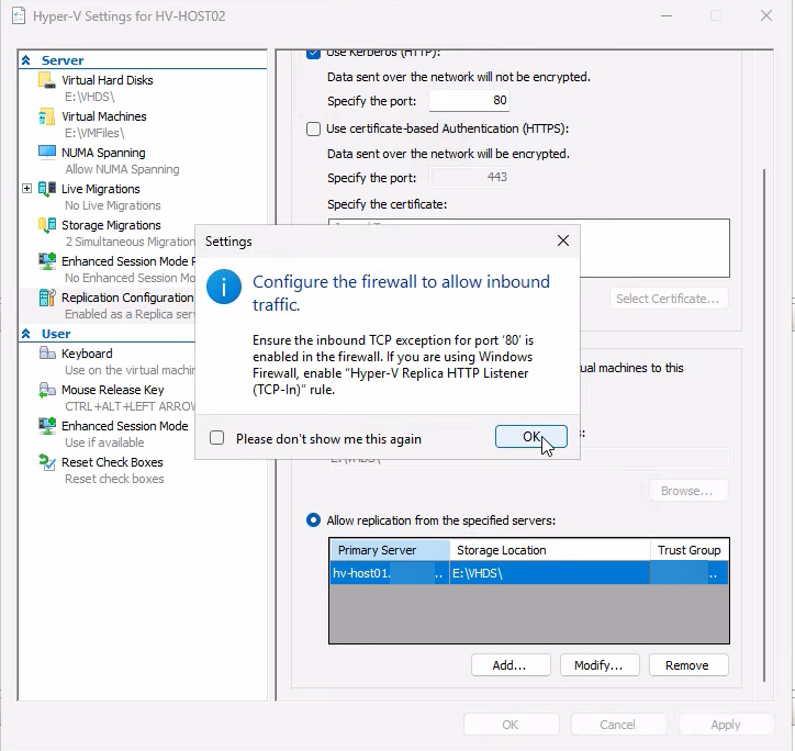 Confirmation dialog after applying the Replication Configuration on the replica host with the firewall reminder warning visible, the prompt that nudges admins to enable the matching firewall rule before replication can succeed