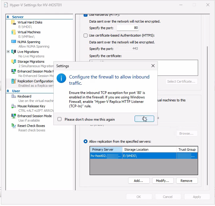 Windows Firewall console on the primary host with the Hyper-V Replica HTTP Listener (TCP-In) rule enabled, the matching rule on the source side that allows the primary to listen for replication traffic in the reverse direction