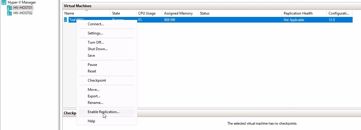 Hyper-V Manager right-click context menu on test VM01 with the Enable Replication action highlighted, the entry point into the wizard that pairs this specific VM with the replica host