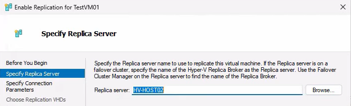 Enable Replication wizard Specify Replica Server page with the destination host FQDN entered and validated, ready to advance to the connection-parameters page