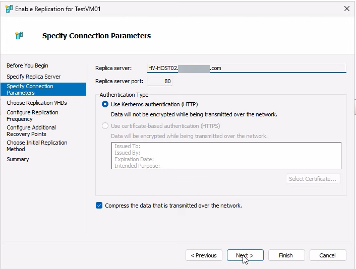 Enable Replication wizard Specify Connection Parameters page with HTTP and Kerberos selected, port 80 displayed, and the Compress data option enabled to save bandwidth on the wire