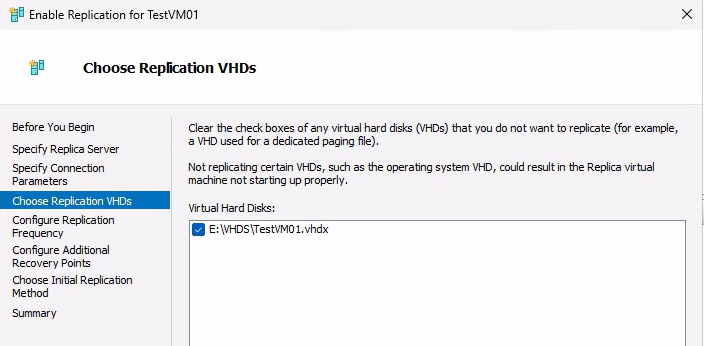 Enable Replication wizard Choose Replication VHDs page showing the OS disk and any data disks attached to the VM with checkboxes ticked, the selection of which virtual hard disks will be replicated
