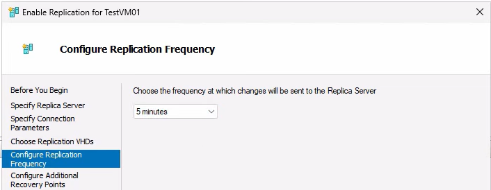 Enable Replication wizard Configure Replication Frequency page with the dropdown set to 5 minutes, the default interval that balances RPO and bandwidth use for most workloads