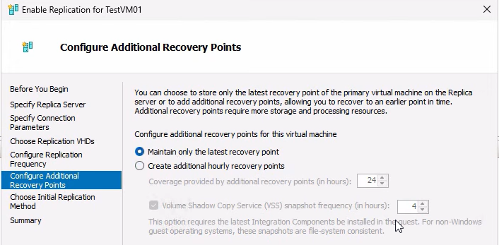 Enable Replication wizard Configure Recovery Points page showing the radio options for Maintain only the latest recovery point versus Configure additional recovery points, with the latest-only option selected for the simple lab demo