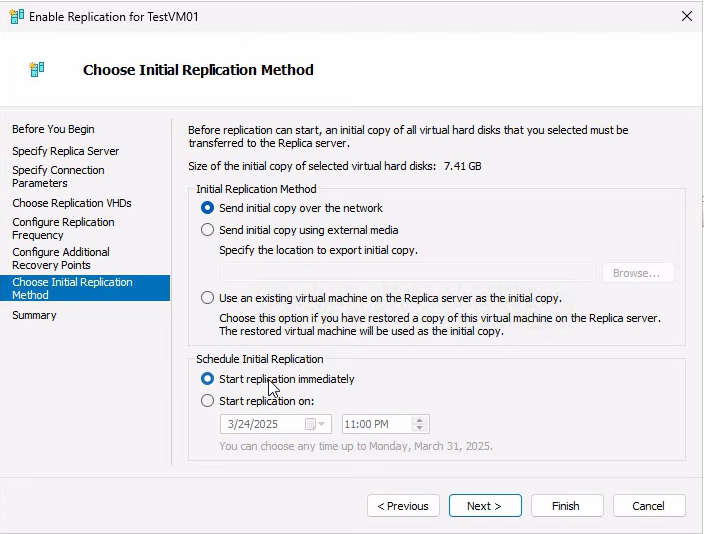 Enable Replication wizard Choose Initial Replication Method page with Send initial copy over the network selected and the schedule option set to Start replication immediately, kicking off the bulk transfer right away
