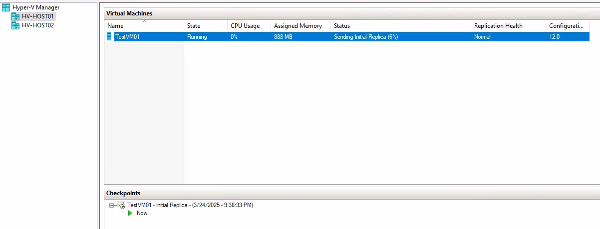 Hyper-V Manager status pane on the primary host showing the test VM01 entry with the status text Sending initial replica visible, the live indicator that the bulk copy is in progress