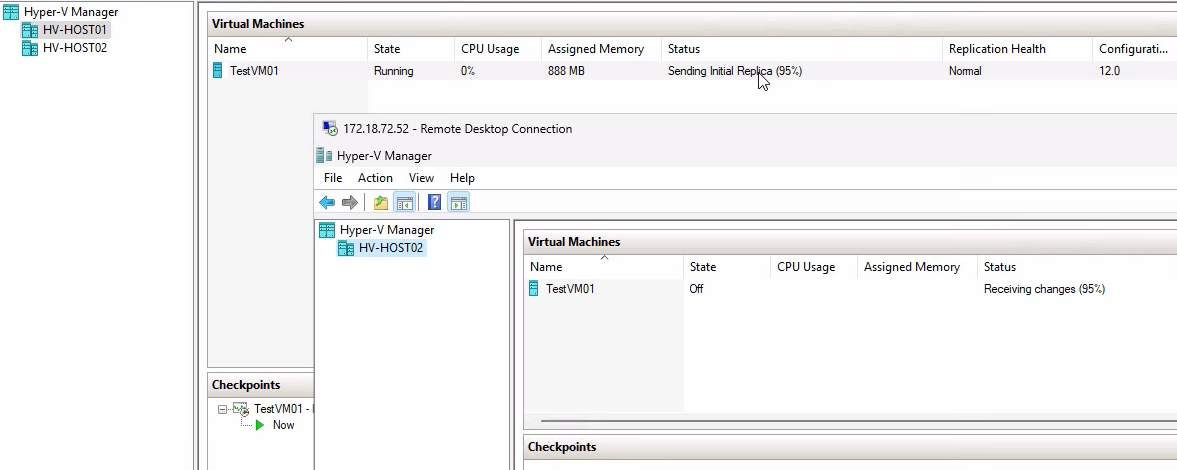 Hyper-V Manager status pane on the replica host showing the same VM with the status text Receiving changes, the destination-side counterpart that confirms the bytes are landing